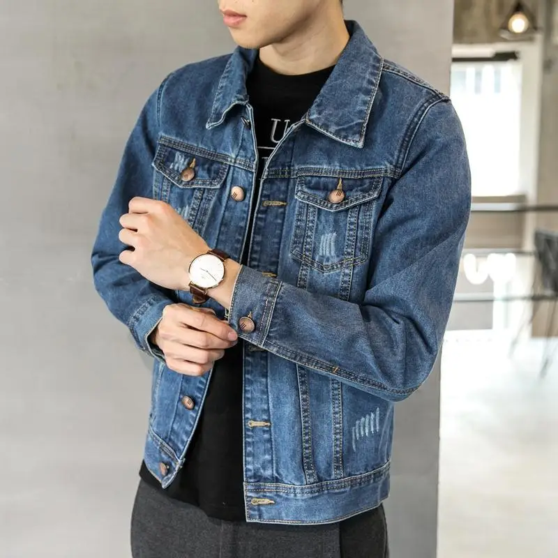 Denim Jackets Man Casual Slim Jeans Coat for Men Button Blue Worn Blazer Short on Board Korea Korean Popular Clothes Original G