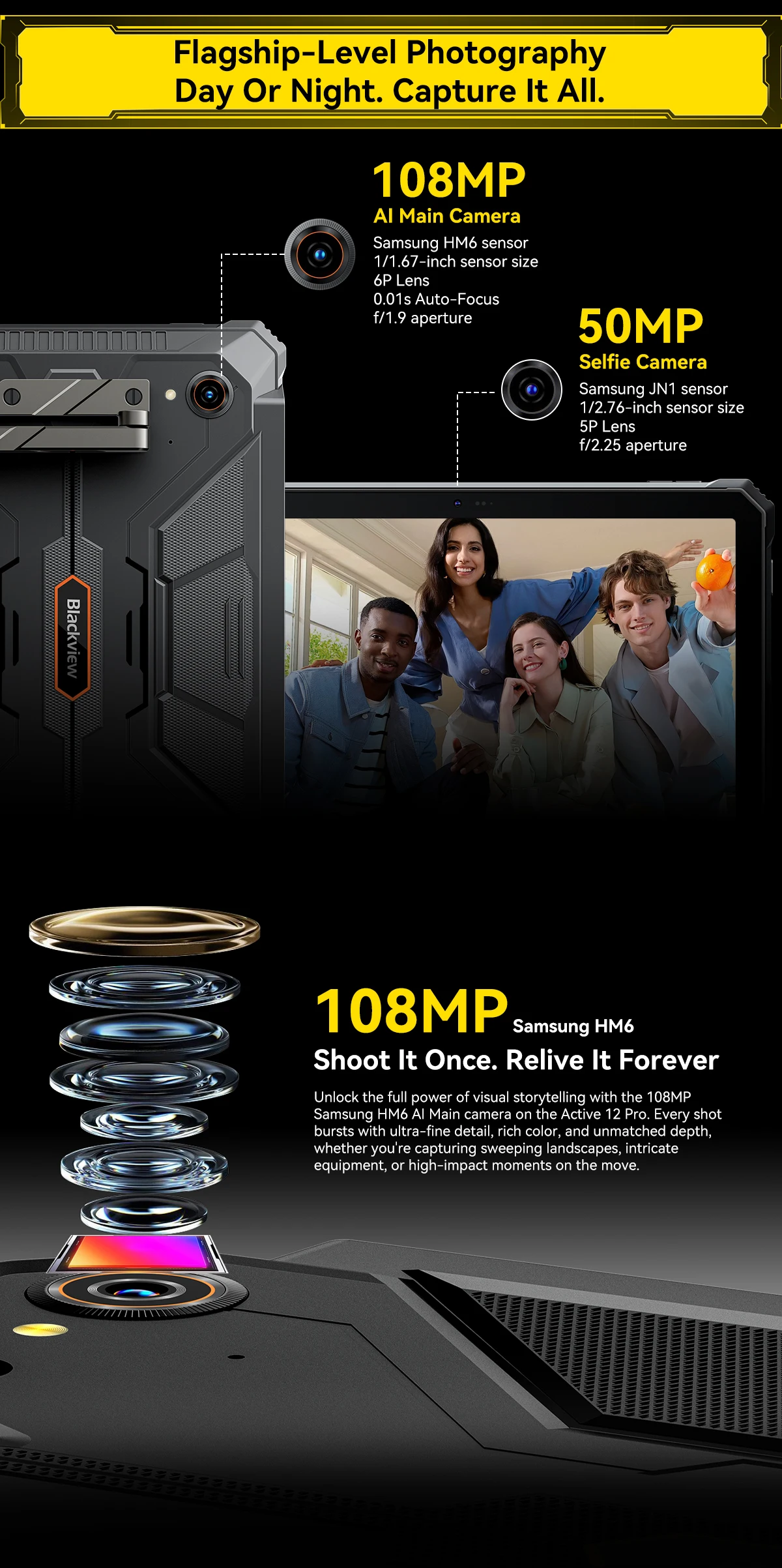 Blackview Active 12 Pro Rugged Outdoor Tablet, Dimensity 7300 5G 11 inch Pad, 108MP + 50MP, Widevine L1 Autofocus Projector, 30000mAh Will 200LM Flashlight For Camping