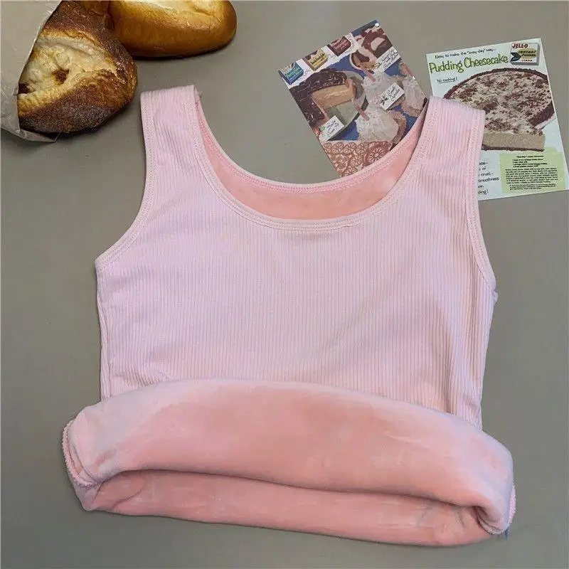 Camiseta térmica de invierno para mujer, sin costuras, con forro de terciopelo, sin mangas, chaleco cálido, camiseta interior para mujer, de color liso, lencería sexy.