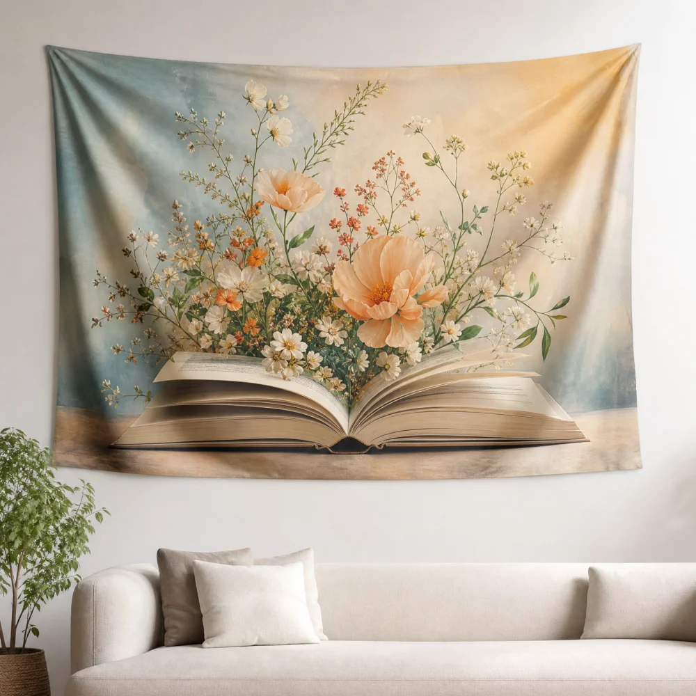 Gradient base color book floral tapestry 150X100CM suitable for literary atmosphere in study rooms, wall background cloth