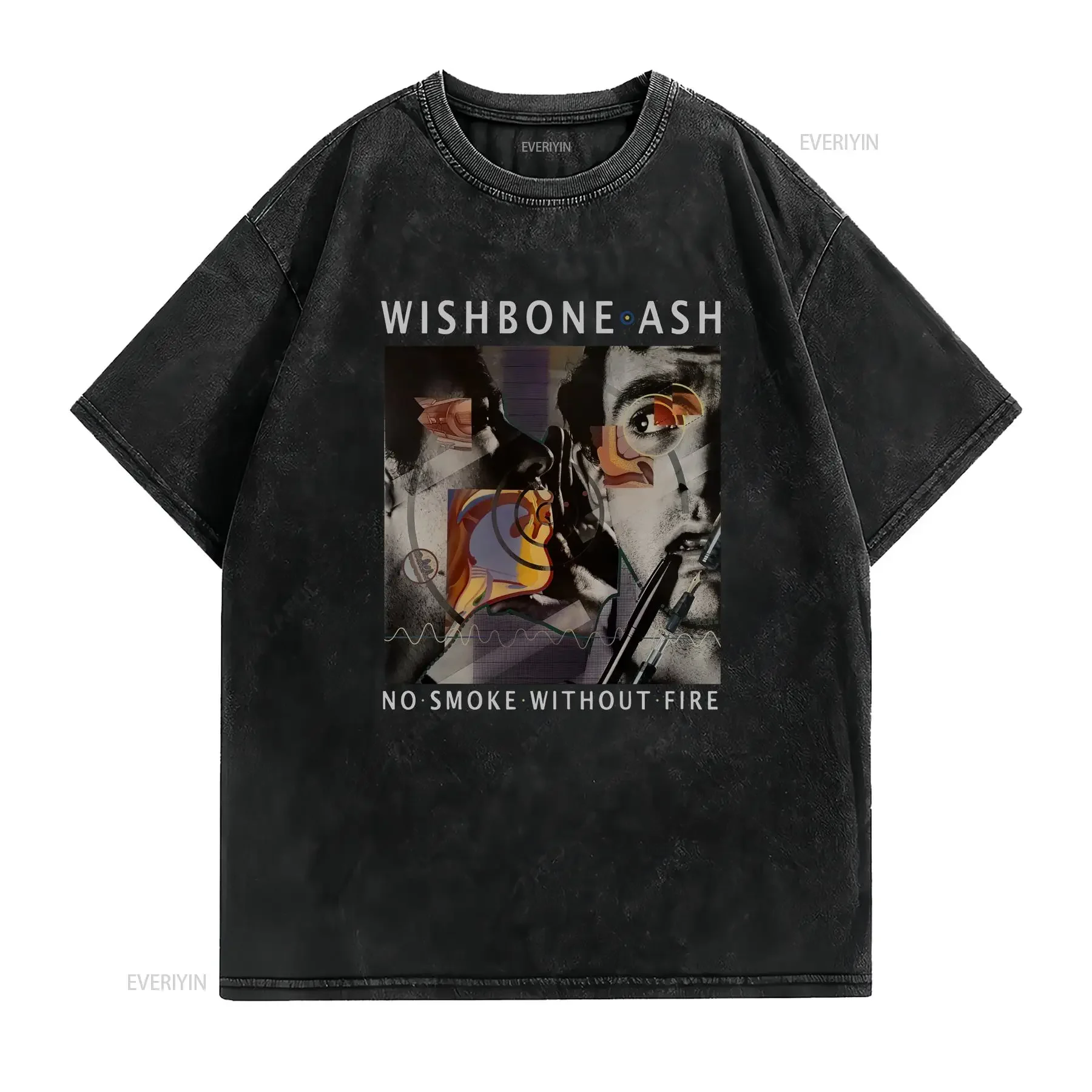 Wishbone Ash VTG no smoke without fire black T shirt 1U499 vintage Washed streetwear Casual Slightly Comfortable