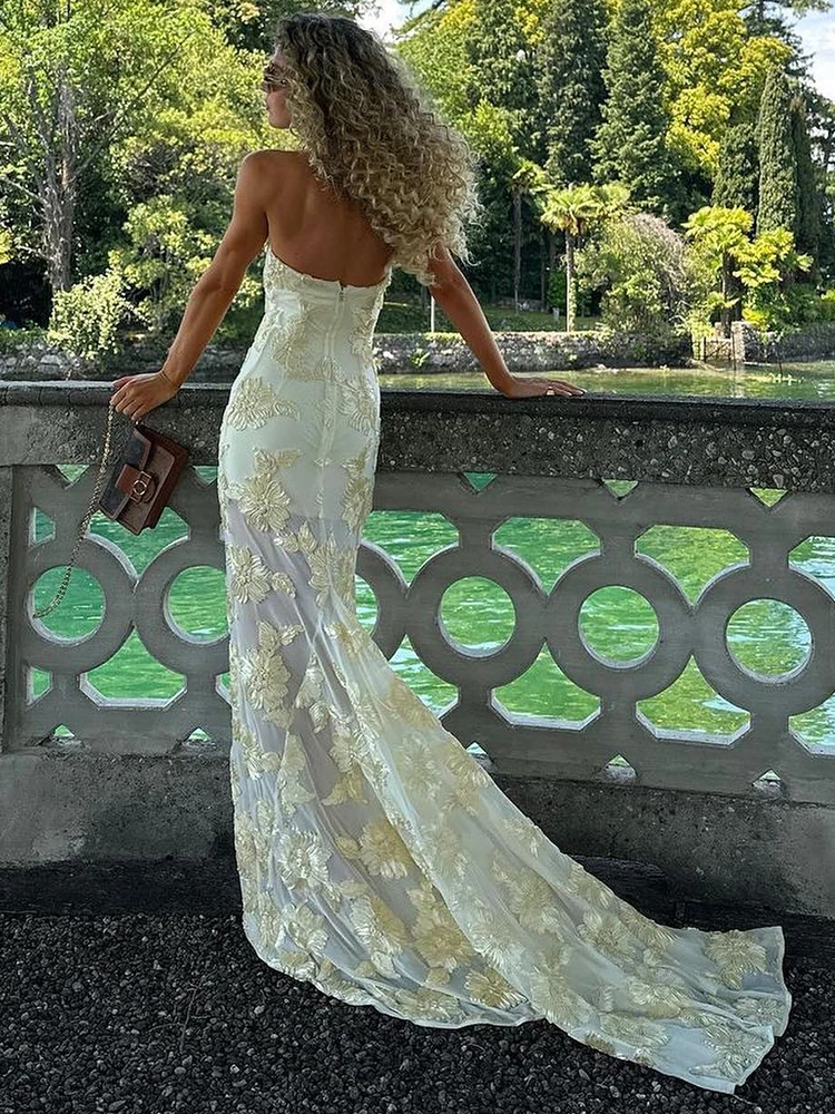 VC Summer New Sexy Lace 3D Flower Strapless Mermaid Maxi Dress Women Sleeveless Embroidered Floral Long Dress Elegant Dress