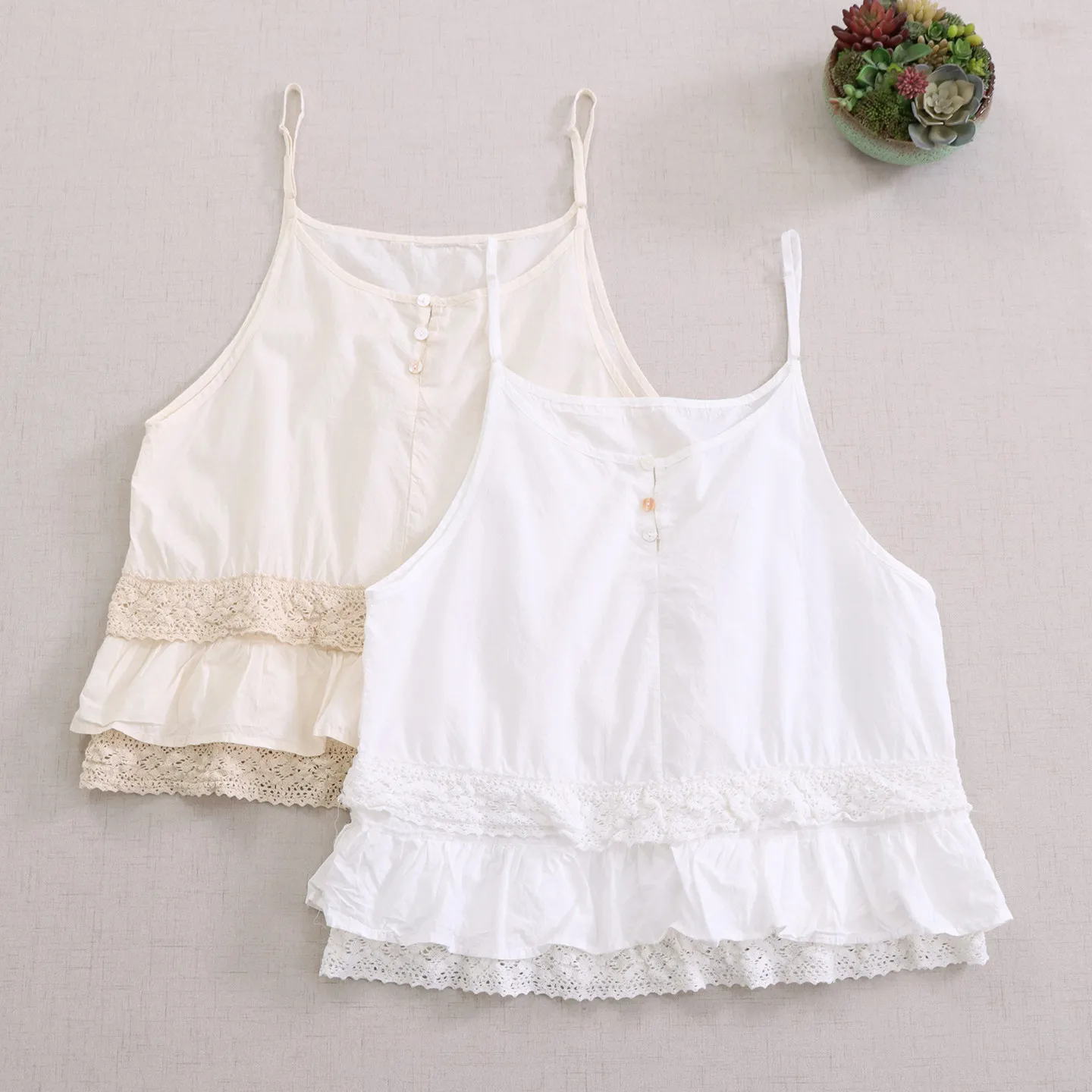 Japanese Sweet Mori Girl Lace Patchwork Ruffles Cotton Camis Tops Women Summer Button Front Casual Loose Cute Tank Tops