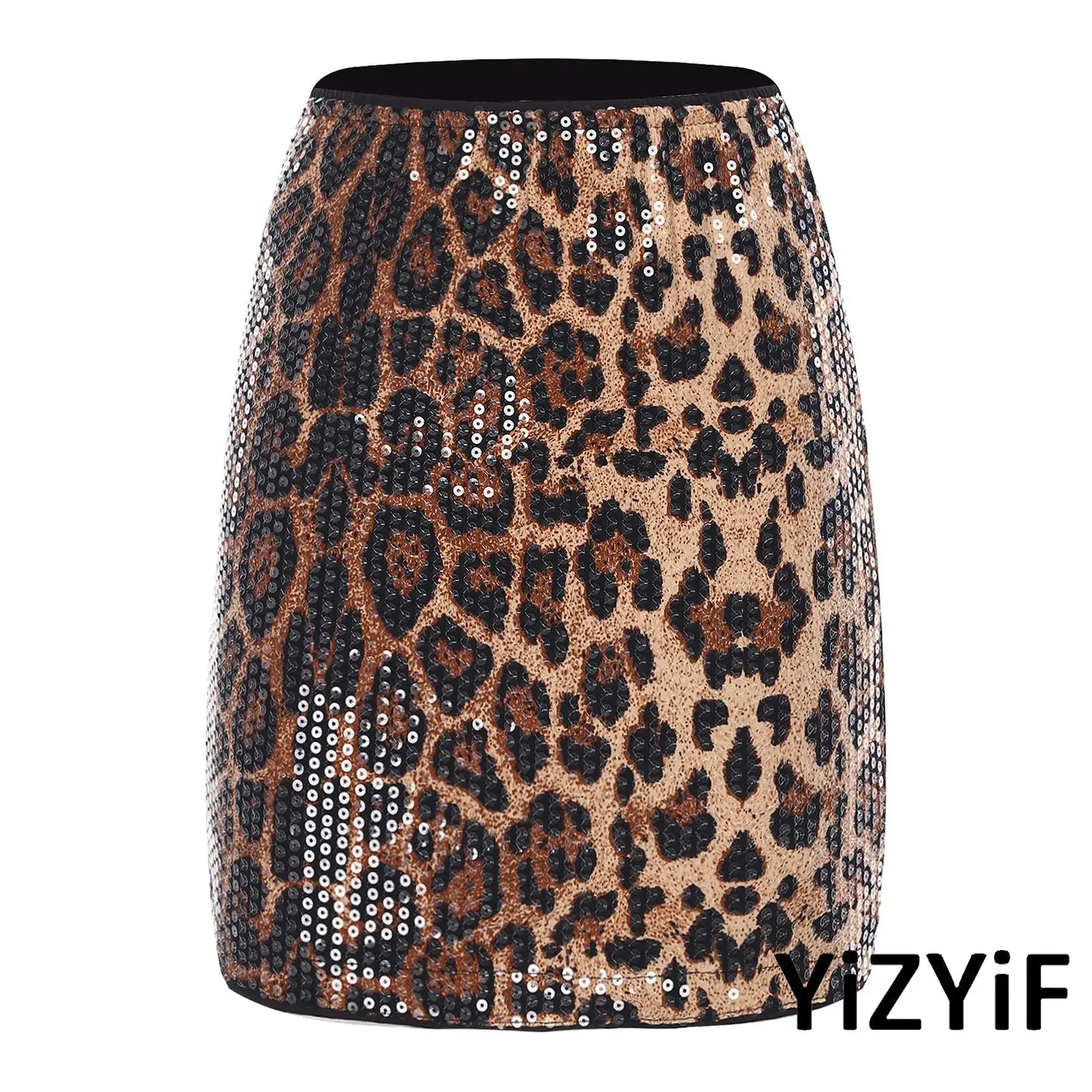 

Summer Women Fashion Y2K Elastic Shiny Sequin Hip Wrap A-line Skirt Leopard Print Mini Skirt for Nightclub Wear Bar Rave Party