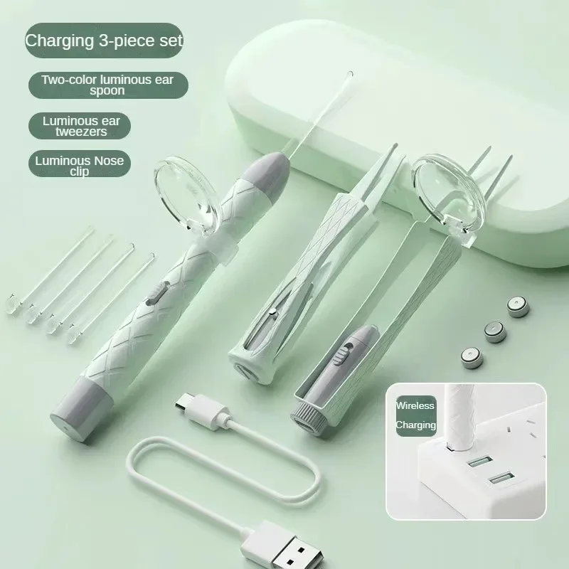 Luminous Ear Spoon Set Ear Wax Removal Cleaning Tweezers LED Light Earpick Nose Clip Children Adults Ear Care Tools Kit USBcharg