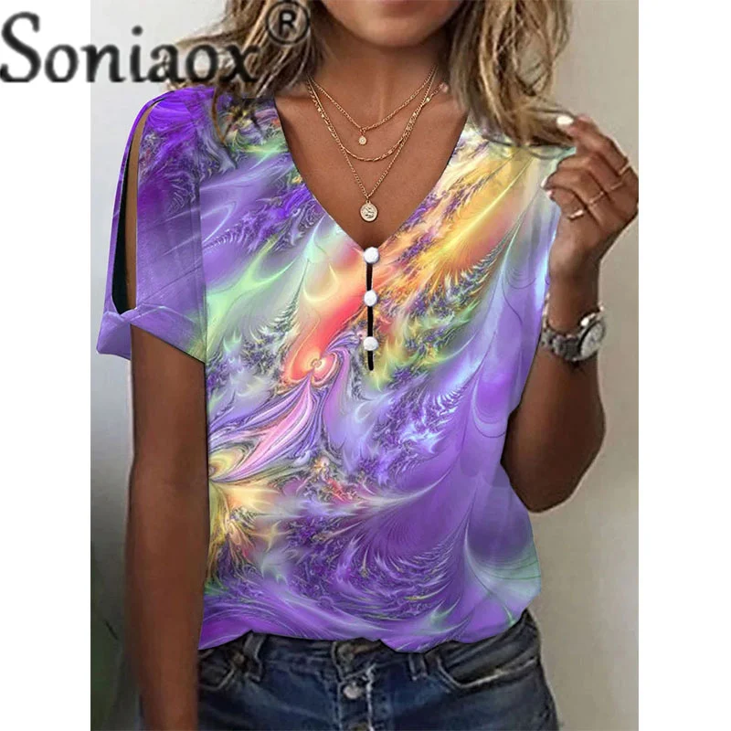 Fashion Tie-dye V Neck Splicing Button T-Shirt Women's Sweet Style Straight Tops Female 2023 Summer Casual Short Sleeve Tees 5XL