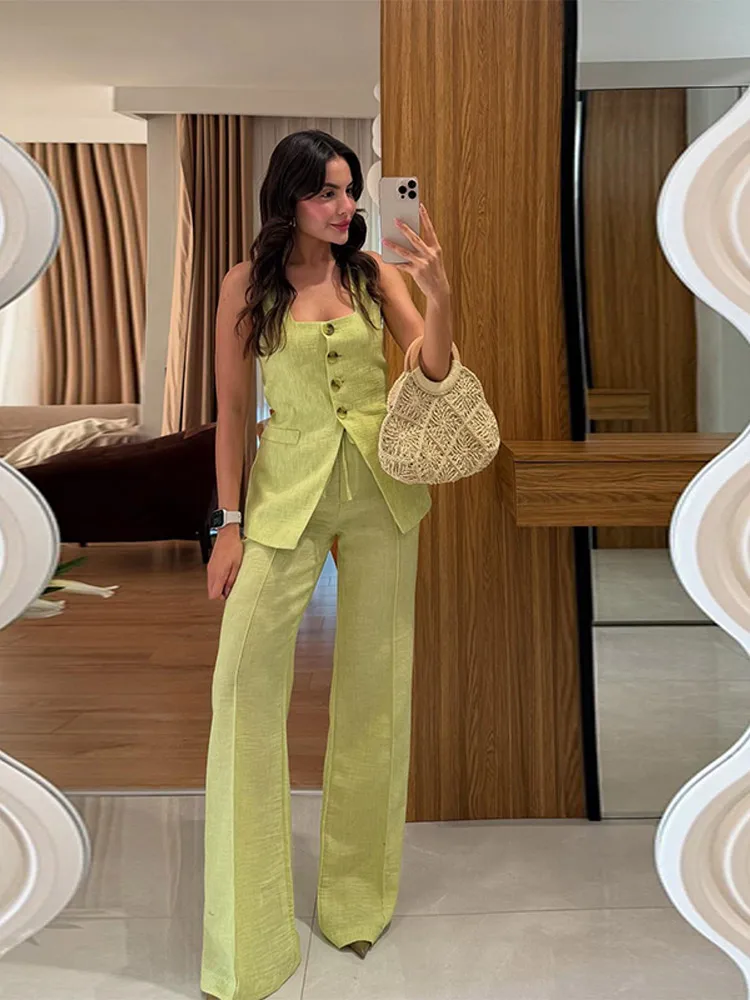 Conjunto elegante de chaleco y pantalones con cuello cuadrado para mujer, traje sin mangas con botones y cintura ceñida, moda de verano 2025, trajes de oficina de 2 piezas para mujer
