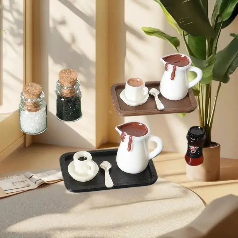 Miniatuur handgemaakt 7-delig poppenhuis koffiekopje model met decoratieve lade plaat accessoires voor desktop scène simulatie