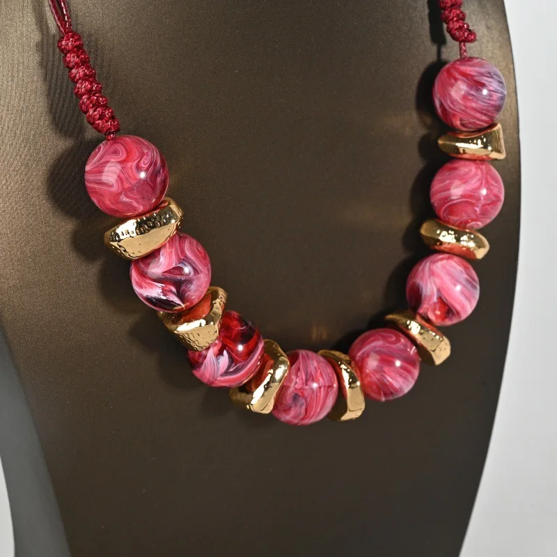 

New Fashion Retro Light Luxury Textured Resin Ball Beads with Metal Elements Wax Thread Hand-woven Necklace Statement Jewelry