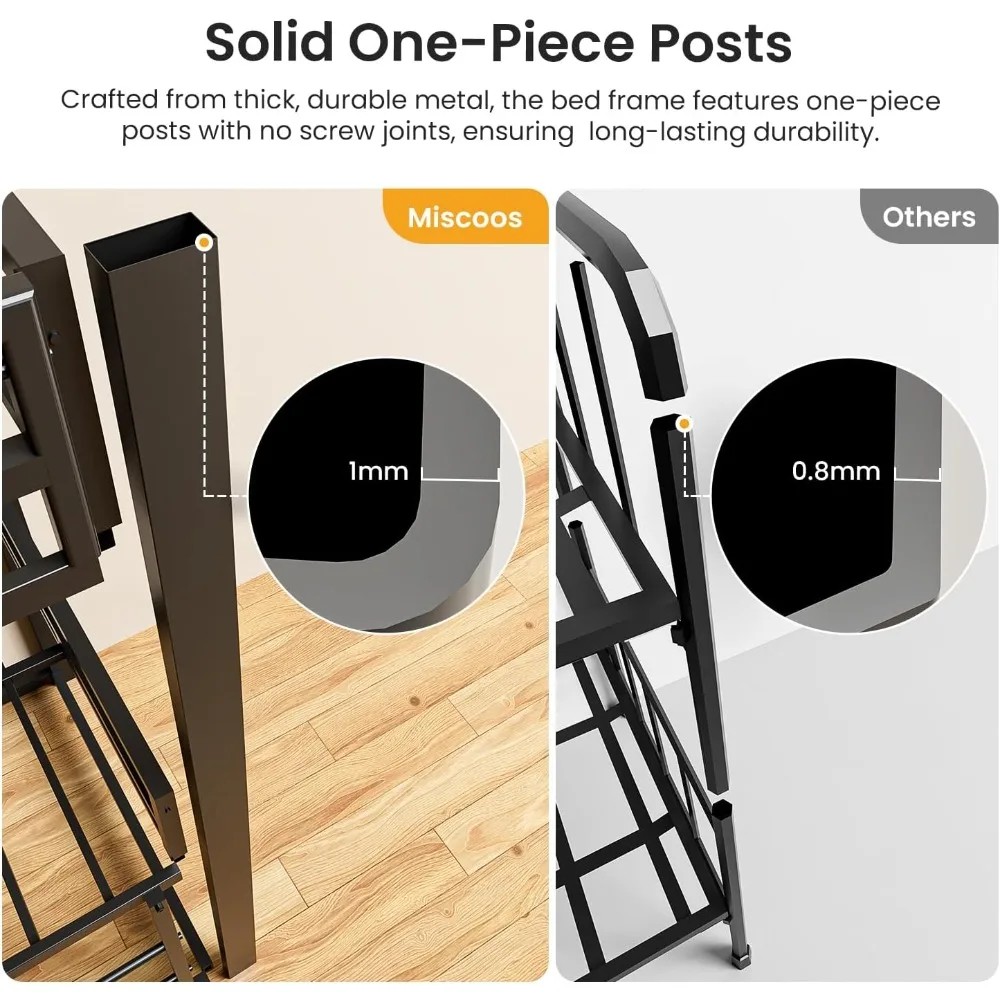 سرير - سرير معدني بطابقين ثلاثي الحجم شديد التحمل مع سلم لجميع الأعمار، لا حاجة إلى صندوق زنبركي سهل التجميع باللون الأسود