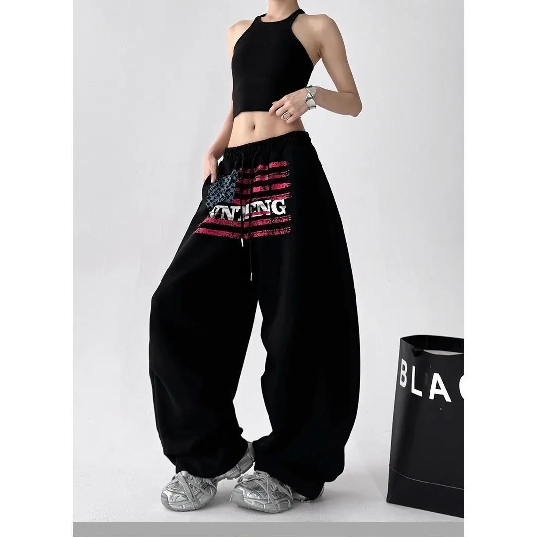 Calça Scimitar feminina bordada outono vintage lã forrado carga grande ao ar livre pernas largas à prova de vento multibolsos