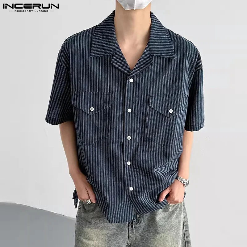 

INCERUN Men Shirt Striped Lapel Short Sleeve Streetwear Male Shirts Summer Oversize Korean Style Pockets Casual Men Clothing