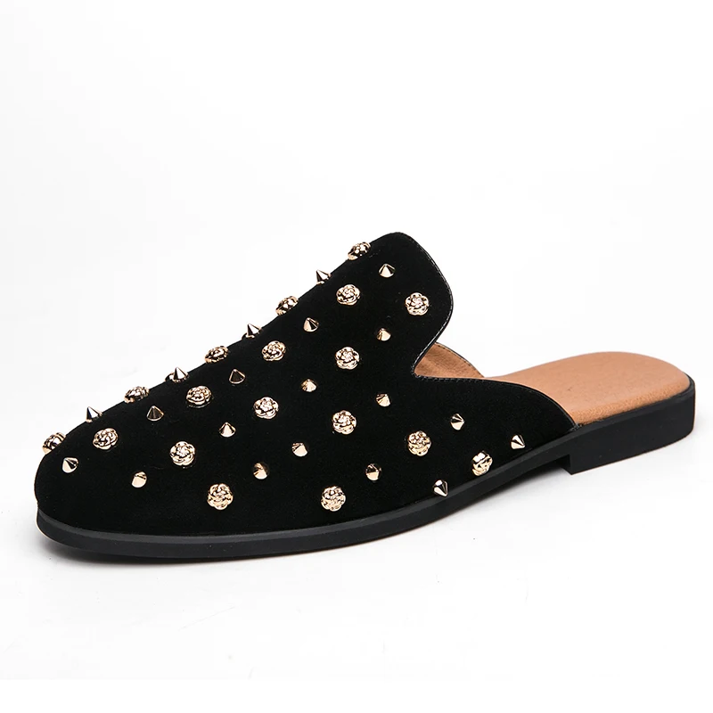 Men's Summer Backless Leather Loafers Half Shoes Rivet Slippers Breathable Open Back Casual Mules Driving Shoes Men Loafers