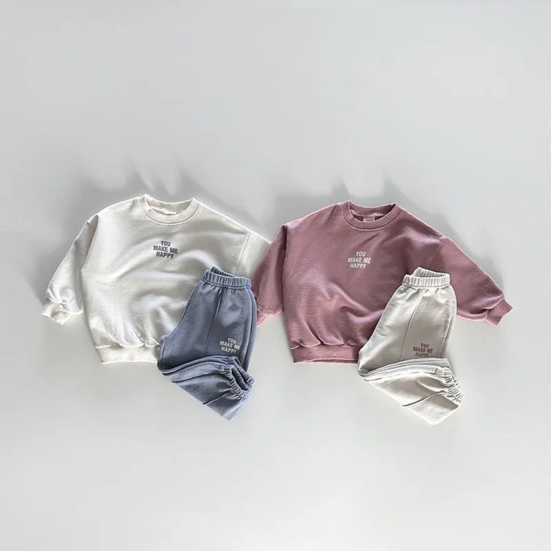 Kids 2Pcs Casual Outfit Simple Text Print Crew Neck Sweatshirt & Jogger Pants Boys Girls Tracksuit