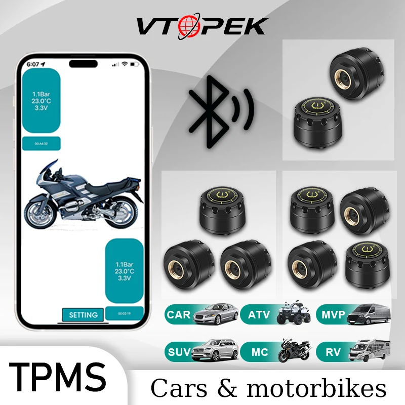 

Vtopek Motorcycle Car TPMS Tire Pressure Alarm Monitor Bluetooth 5.0 Apple IOS Android System Temperature Warning Sensors