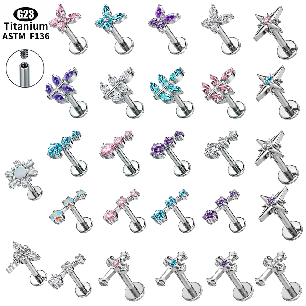 G23 Titanium 16G Zircon Ear Stud Internal Thread Labret Stud Helix Cartilage Tragus Conch Flatback Earlobe Piercing Jewelry New