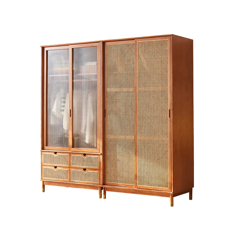 Solid wood double door cabinet for bedroom storage, household sliding rattan woven wardrobe, minimalist