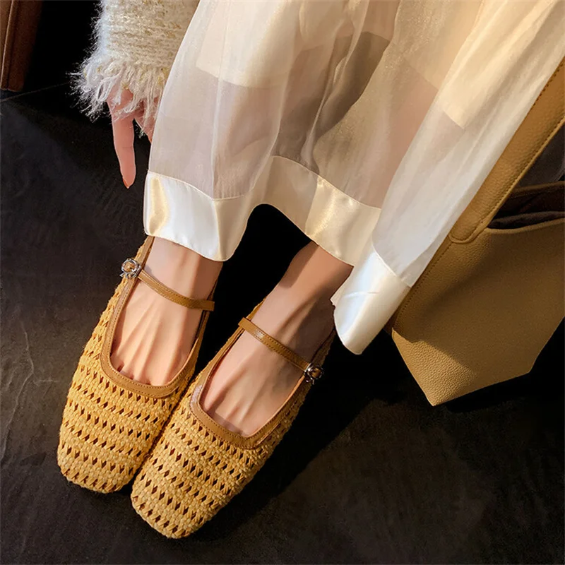 

Woven Design Buckle Straps Square Toe Sandals Summer Breathable Shoes Vacation Beach Flat Mary Jane Retro Zapatos Mujer Leather