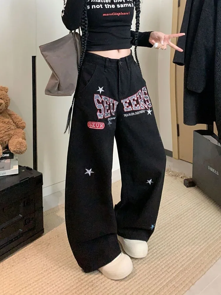 Women's Star Letter Pattern Black Sweatpants Cool Girl Trousers Summer Casual Bottom Female High Waisted Wide Leg Pants