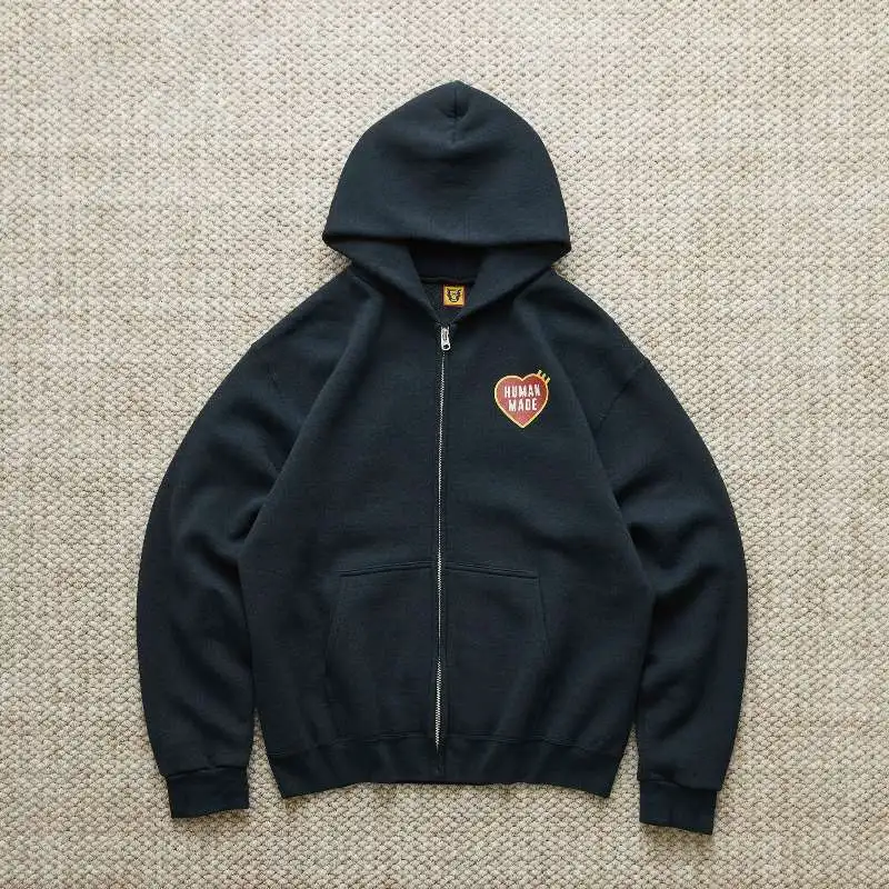 Loose Casual Zipper Hoodie Heart Pattern Travel Wear Autumn Season Regular Length Brandl Men's plus Size Faion