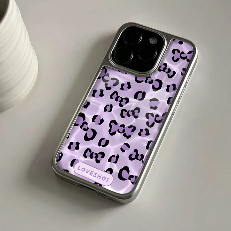 Ins Lila Leopardenmuster, Schleife, Hydrogel-Rückplatte, silberner Rand, stoßfeste Handyhülle für iPhone 17, 16, 15, 14 Pro Max