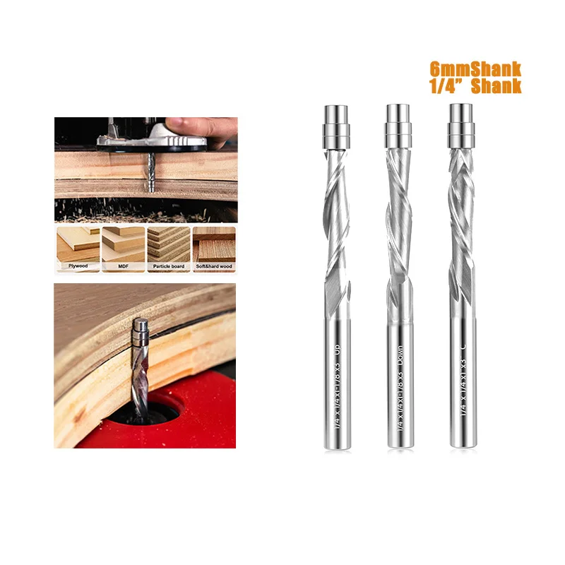 Double-edged spiral milling cutter, with a shank diameter of 3.175/6mm, made of tungsten steel, suitable for woodworking
