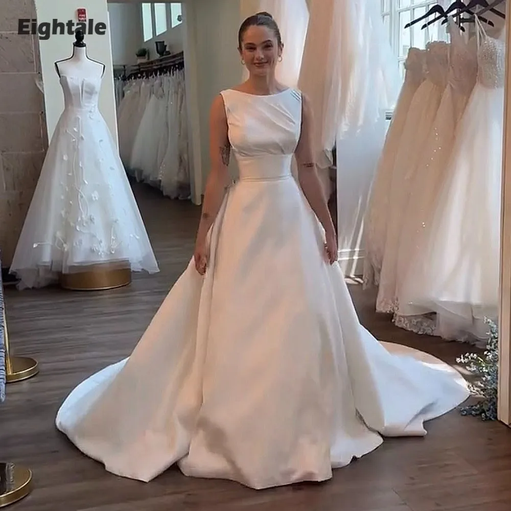 

Eightale Arabic Wedding Dress Customized Ivory Satin O-Neck Backless Princess Bridal Gown Bride Party Dress