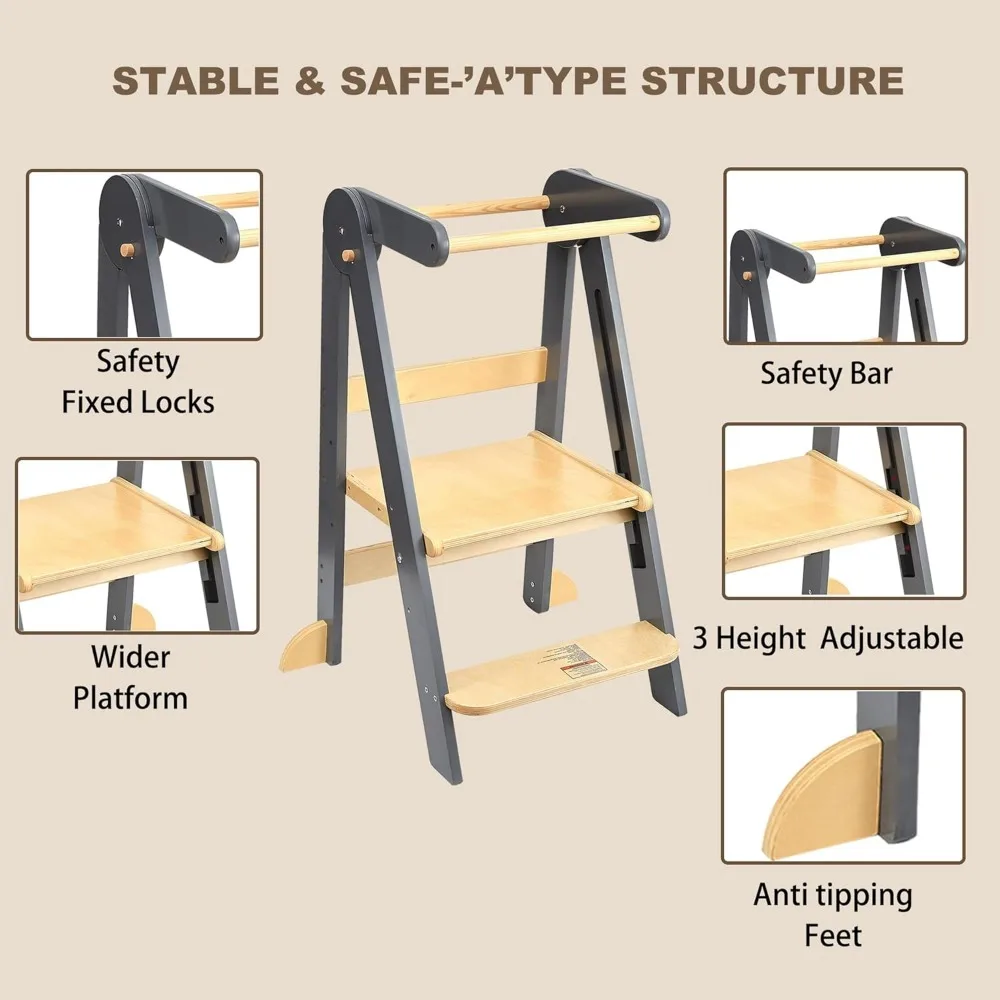 Taburete plegable de cocina premontado، torre plegable para learn con 3 alturas ajustables، torre Montessori para niños de 1.