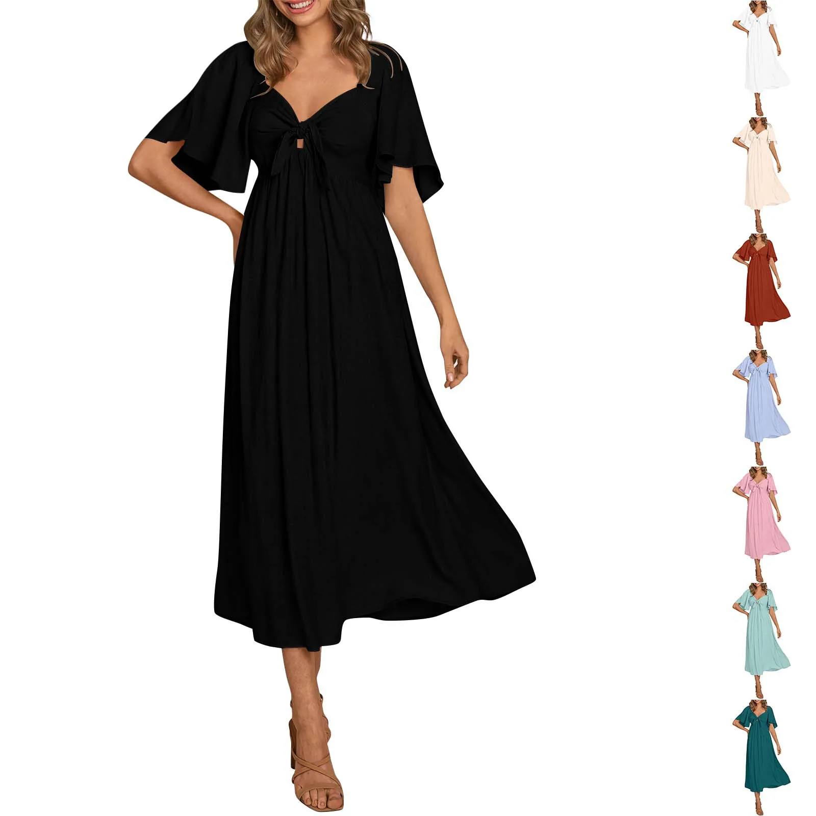 

Women's Casual Dresses Short Sleeve Dress Tie V Neck Ruffled Midi Flowy Dress Women's V Neck Short Sleeve Summer Maxi Dress