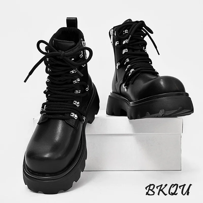 BKQU English Style Zipper Chelsea Men 2024 Autumn Increase Motorcycle Boots Autumn Winter High Top Thick Bottom Design Sense