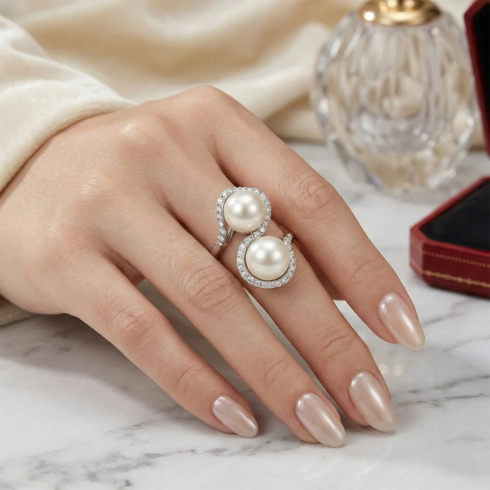 

YLMyself Double Pearl Gold/White color Ring CZ Pave Elegant Women's Fashion Jewelry Pretty Gift