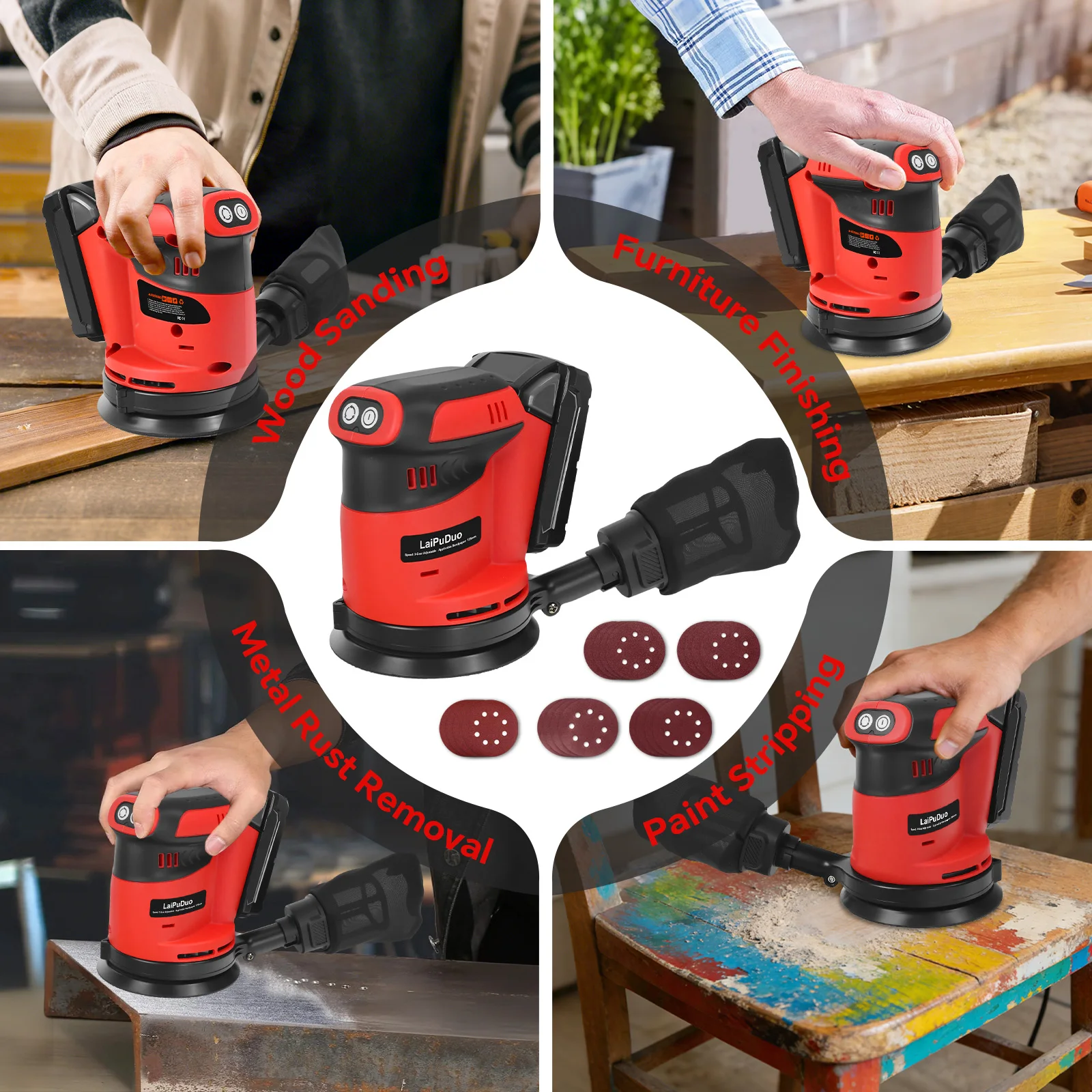 125mm Random Orbital Sander Cordless Sanding Machine 3 Variable Speed Electric Sander Woodworking for Milwaukee 18V Battery Pin - view 6
