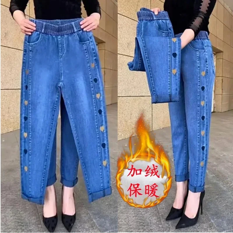 

Middle-aged Women's Jeans Autumn Winter Stretch Waist Embroidery Denim Pants Large size Loose Female Straight Casual Pants