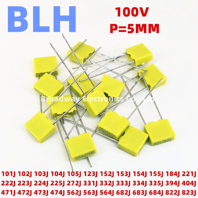 20PCS 5MM Correction capacitor Polypropylene Safety Plastic Film 100V P5 101J 100PF 102J 1NF 103J 10NF 104J 100NF 105J 1UF