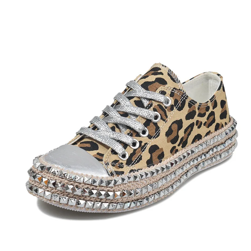 2023 Woman Spring Leopard Print Canvas Fashion Sneakers Rhinestone Sequin Flat Wild Women\'s Shoes Youth Casual Shoes Plus Size43