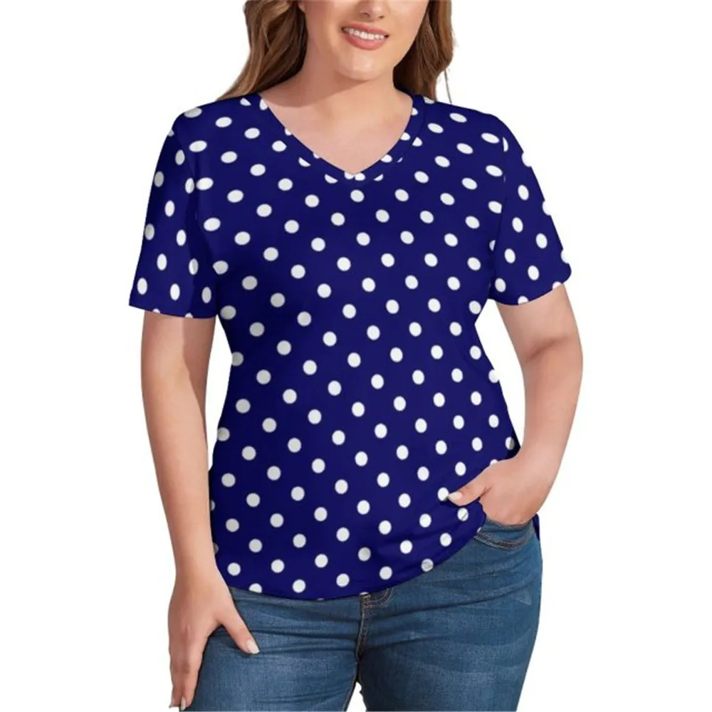 Summer Women Cotton T Shirt Blue Polka Dots Vintage Oversized T Shirts Short-Sleeve V Neck Korean Fashion Print Tops Plus Size