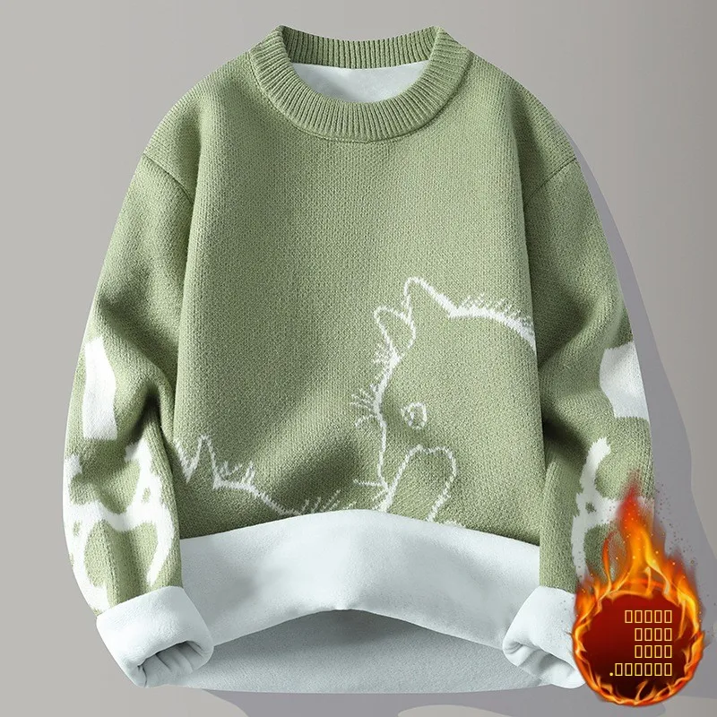 

Мужской свитер с начесом, свободного кроя, из трикотажа, осенне-зимний, новый, с мультяшным принтом, для подростков, повседневный, эластичный, с длинными рукавами, круглый вырез