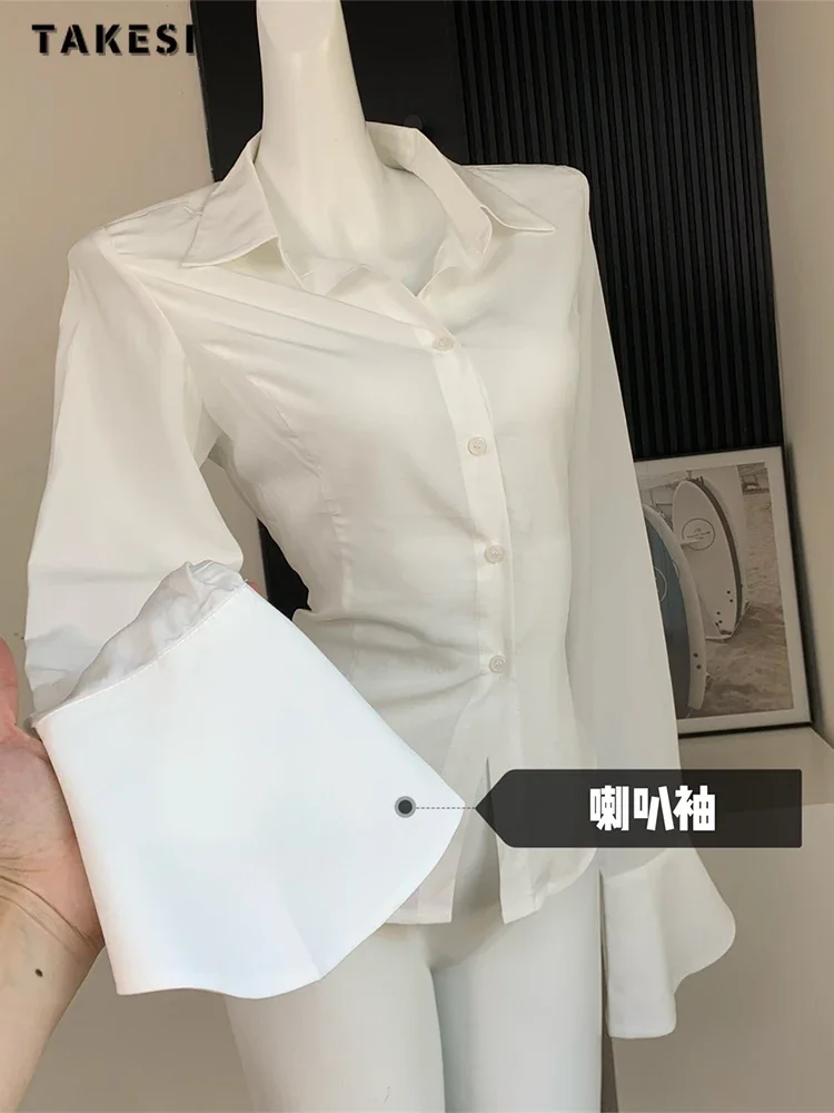 Hot Girl Sexy  Slim White Black Chiffon Shirt Turn-down Collar Flare Sleeve Tunic Bandage Design Blouses Autumn Winter 2023