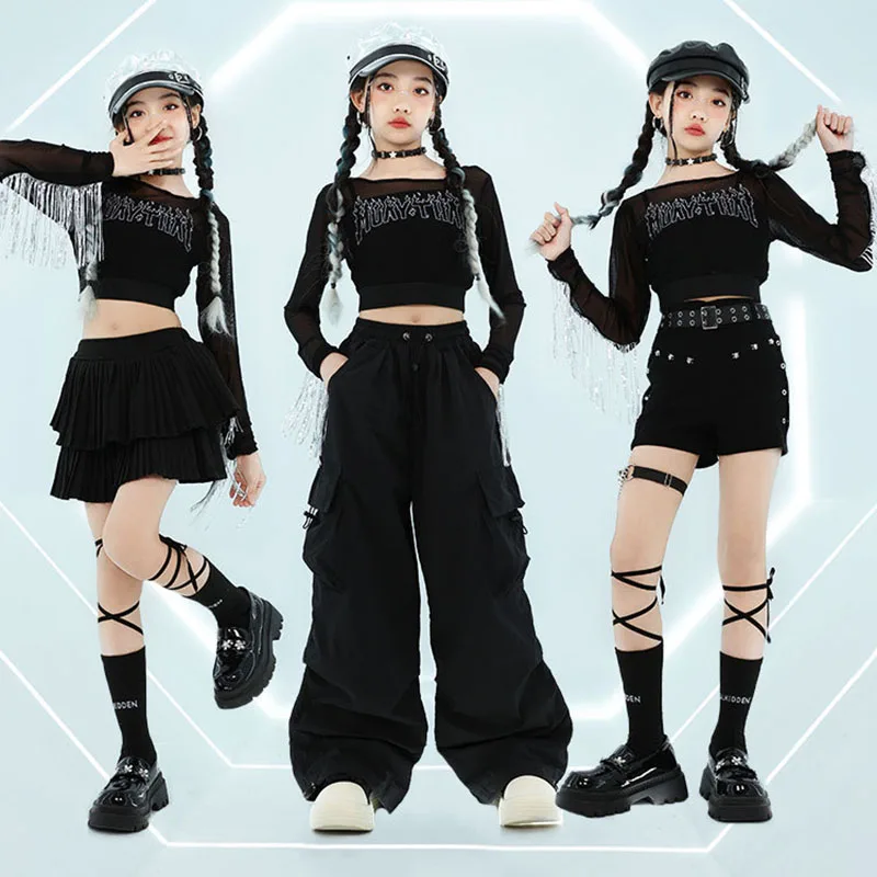 

Kid Hip Hop Clothing Black Fringe Mesh Crop T Shirt Casual Cargo Pants Pleated Layered Skirt for Girl Jazz Dance Costume Clothes