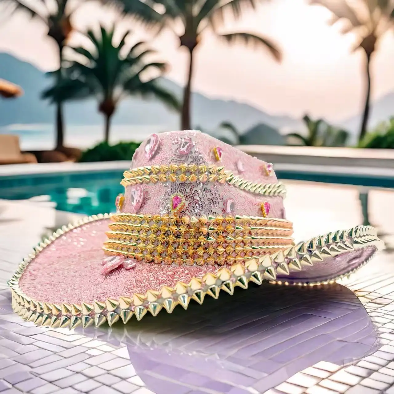 

HongLuan Pink Sequin Glitter Costume Hat & Cowboy Hats Rhinestone for Woman, Cowboy Cosplay Female Accessories & Cowgirl Cap