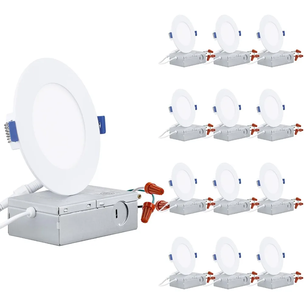 

12-Pack 4 Inch Ultra-Thin LED Recessed Lighting with Junction Box, CRI90, 5%-100% Dimmable Slim Recessed Downlight