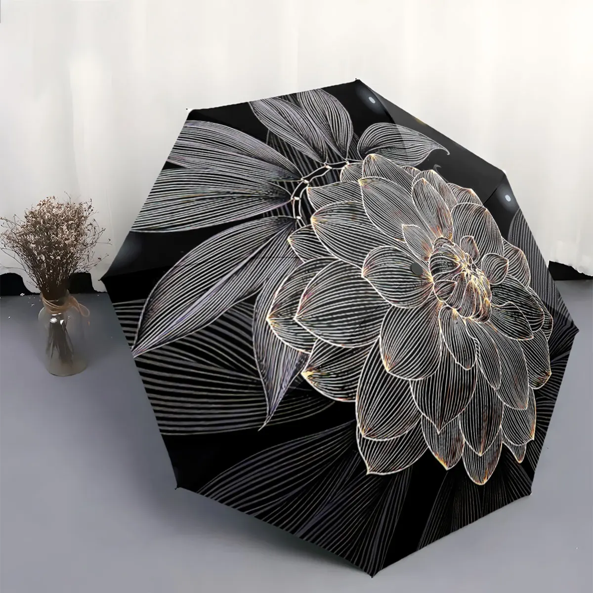 Floral Line Art Black and Gold Abstract Design Umbrella portable waterproof sun rain umbrella for outdoor travel beach
