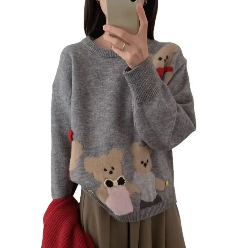 Cartoon Cute Jacquard Pullover Sweater Women  Autumn Winter New Loose Versatile Warm Knitwear Kawaii Fashion Women's Sweater