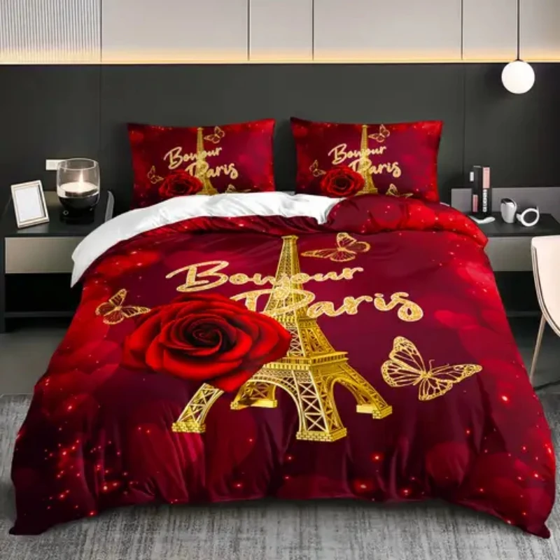 Eiffel Tower Duvet Cover Full Queen Red Rose Floral Comforter Cover Banquet Flower Blossom Romantic Valentine's Day Bedding Set