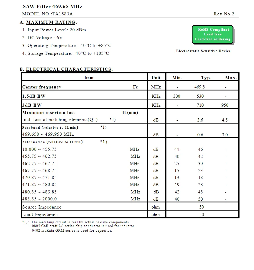 (10 Stück) TA1685A Code 2K brandneuer echter 469,8 MHz verpackter SMD-SAW-Filter TA1412A Code C8 auf Lager 1059 MHz