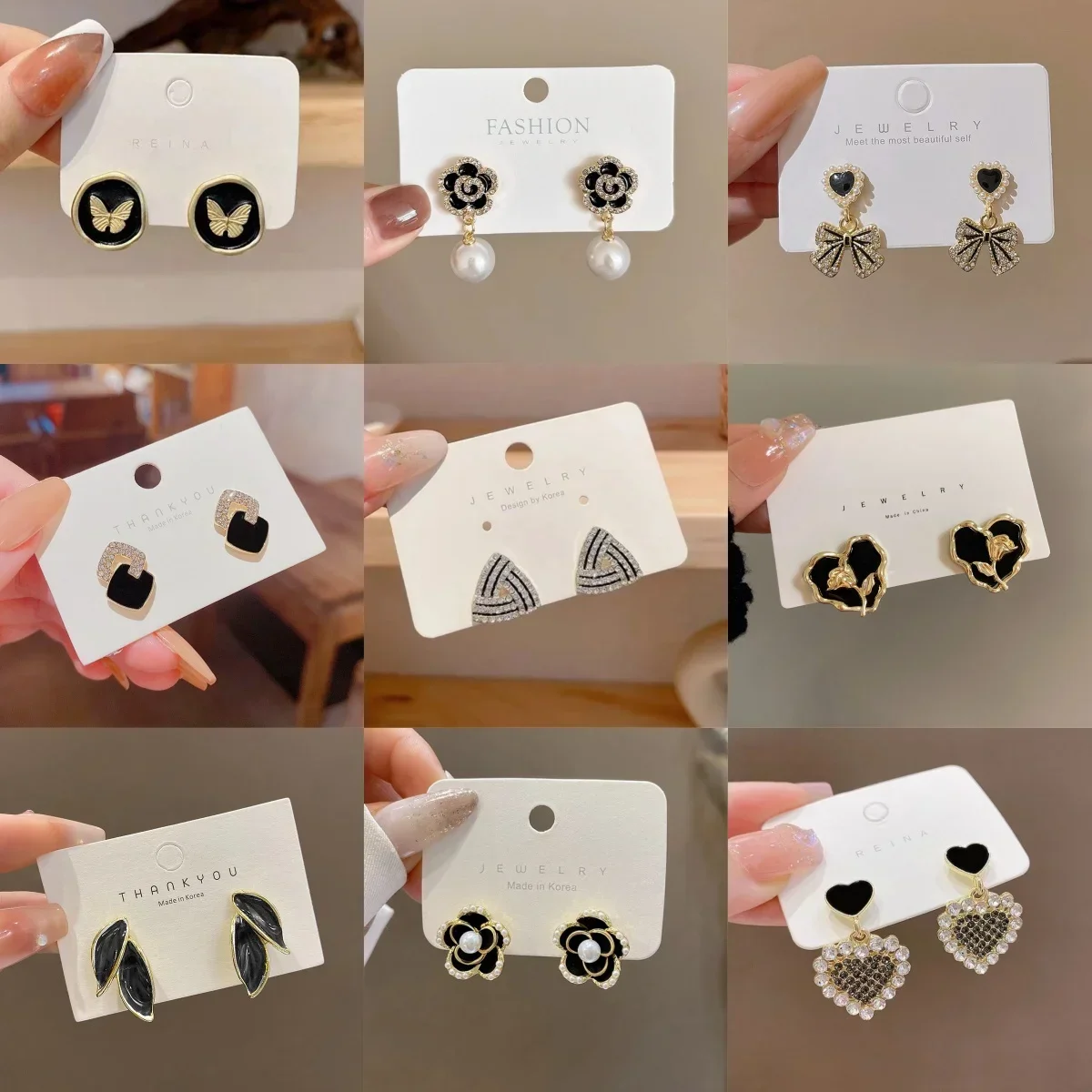 Black Color Big Heart Butterfly Leaf Bowknot Square Flower Pendant Earrings for Women Korean Fashion Jewelry Wholesale