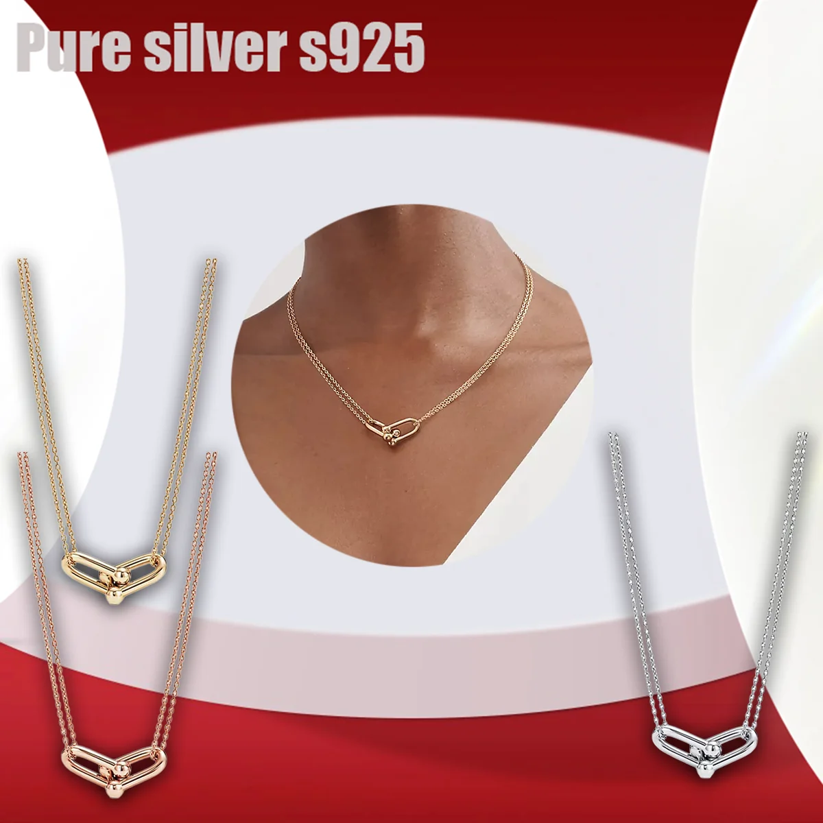 

Pure silver s925 necklace High end trendy and versatile fashion double U-shaped necklace holiday gift