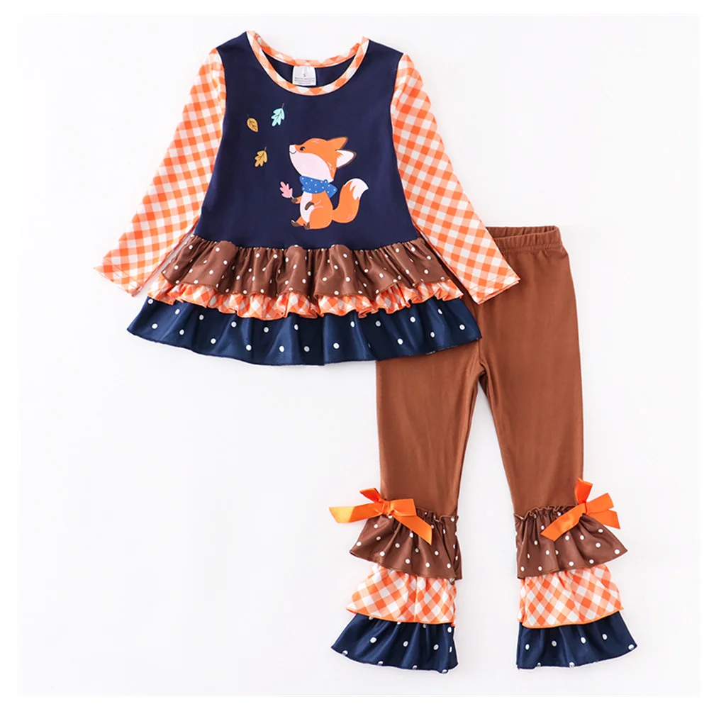 High Quality Baby Girls Boutique Thanksgiving Outfit Animal Print Ruffle Bow Pants Set Toddler Kids Clothing