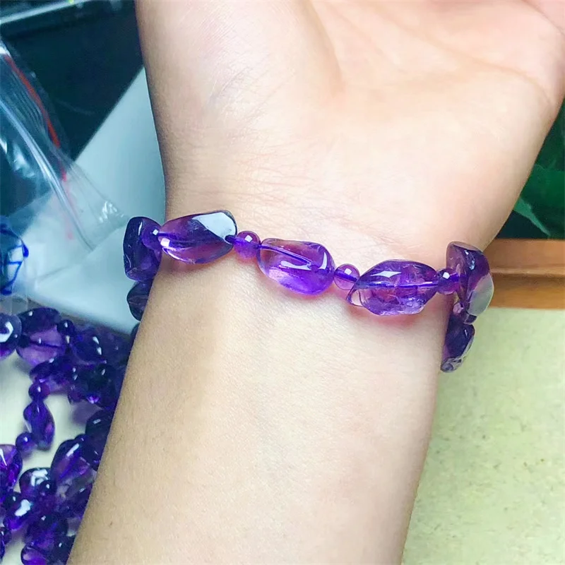 Natural Amethyst Gravel Stone Bracelet Women Purple Crystal Quartz Energy Bead Reiki Healing Bangle Jewelry Gift 7-10MM