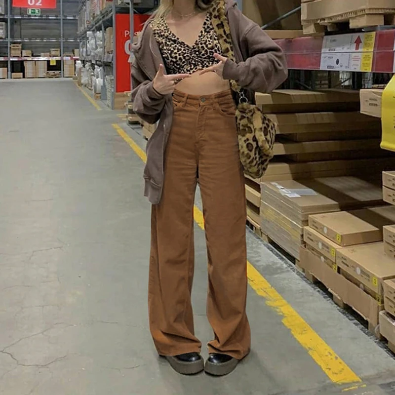 Vintage Harajuku Retro Women's Wide-leg Pants Casual Denim Pant High Waist Corduroy Loose Trousers Female Streetwear Outfits